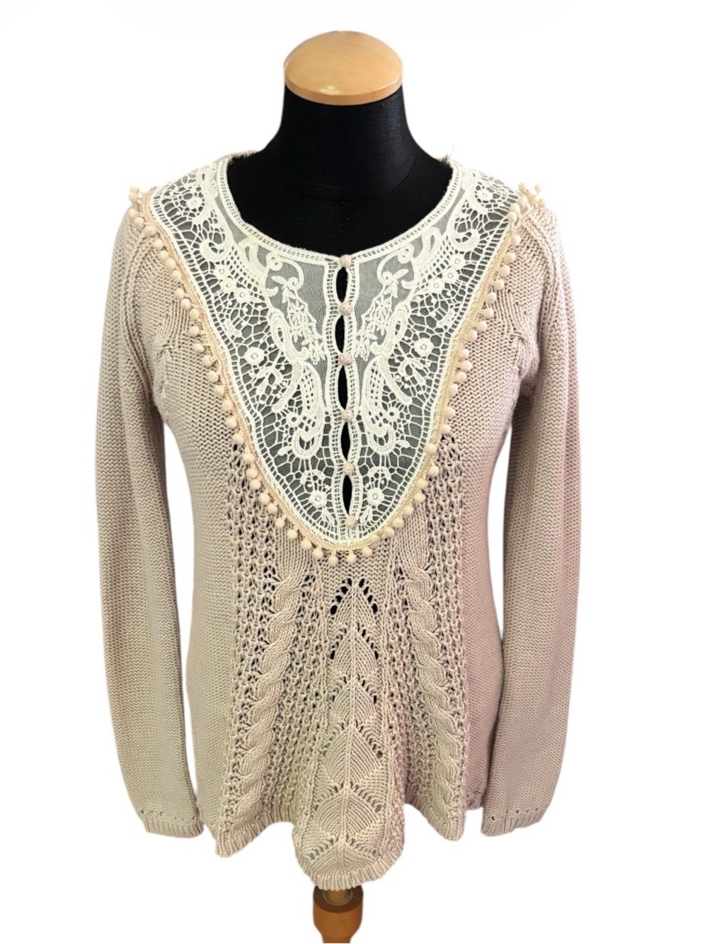 Anthropologie Angel Of The North Lace Detail Cable Knit Sweater Beige Size Small